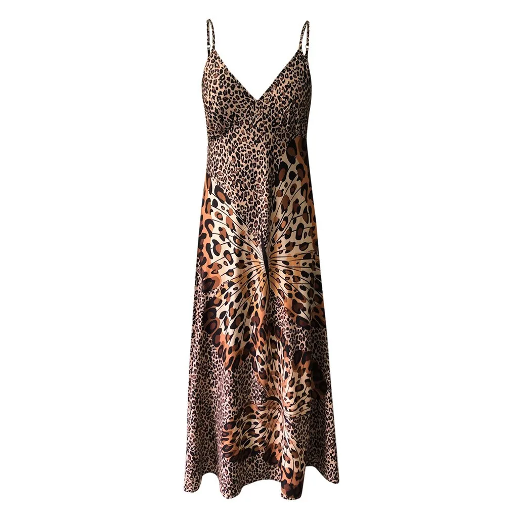 

Sexy Women Deep V Leopard Butterfly Wrap Sling Sleeveless Nightclub Beach Summer New Elegant Khak Long Dress Vestidos Largos