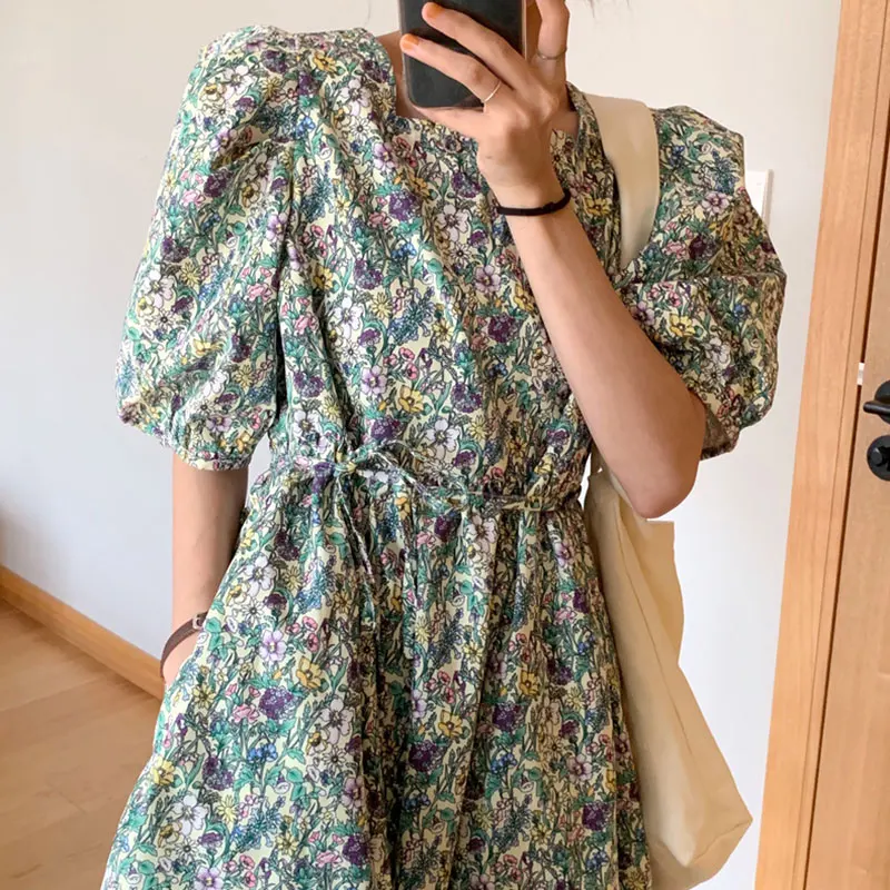 Женское винтажное длинное платье SHENGPALAE свободное корейское с коротким рукавом и