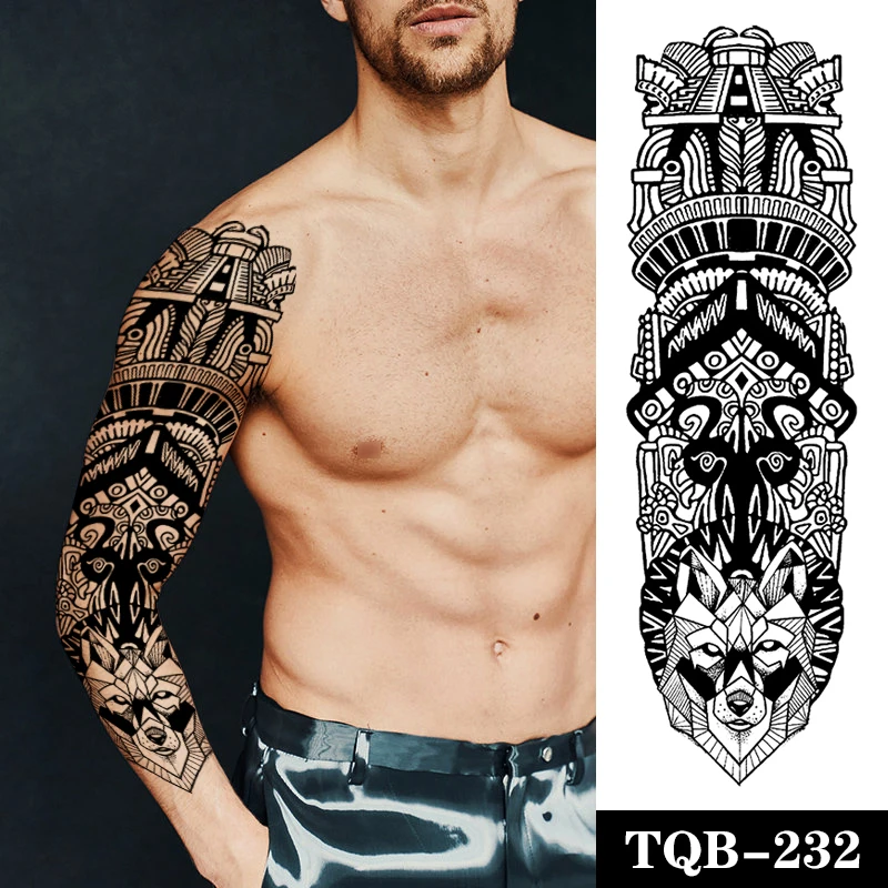 

Водостойкая Временная тату-наклейка, Волчья тату-наклейка «мэйянский Тотем» на всю руку, большой размер рукава, искусственная тату, тату дл...