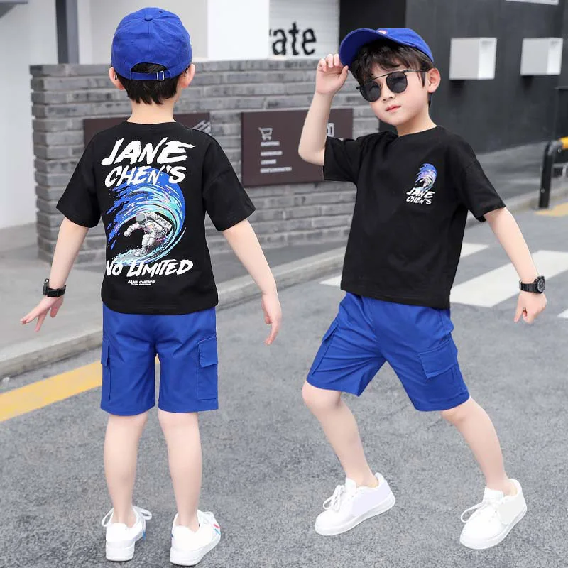 

2pcs Boys Girls Summer Clothing Set 5 6 7 8 9 10 12 Yrs Suit Short Sleeve tops Tees + Jeans Shorts Casual Dinosaur Teens Outfits