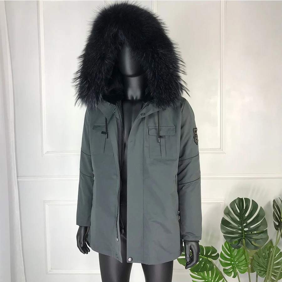 Парка с натуральным кроличьим мехом ветрозащитная мужская куртка капюшоном