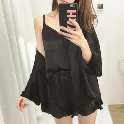 Korean Version Thin New Velvet Three Piece Pajamas Women's Suspender Pajamas Coat Home Clothes Spring Summer Autumn Sleep Tops