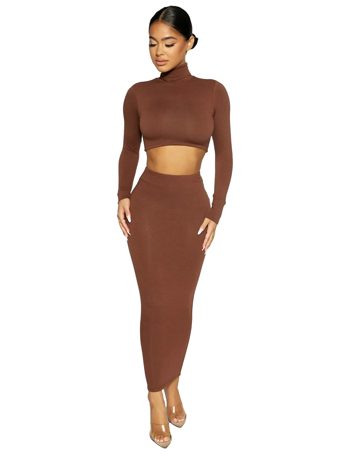 

XLLAIS Elegant Long Sleeve Dress Sets Womens Outfits Solid High Neck Top and Pencil Skirt Suit Casual Matching Clothes