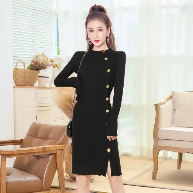 

Knitted Dress Women 2020 New Arrival Autumn Winter Sweater Wool Midi Pencil Bodycon Dresses Female Long Sleeve Korean Style Robe