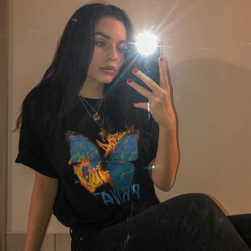 

B-TOTO American Retro Black Butterfly Short-sleeved T-shirt Female Summer Loose Ins Tide celebrity Top 2021