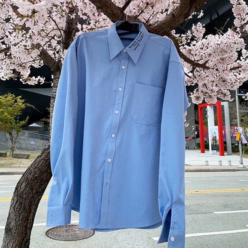 

IEFB Autumn new men's shirt loose fit Korean fashion letter embroidery long sleeve shirts casual oversized blouse tops 9Y6189