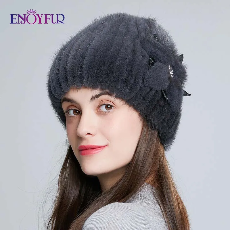 Женская зимняя шапка ENJOYFUR теплая вязаная из искусственной кожи с цветком