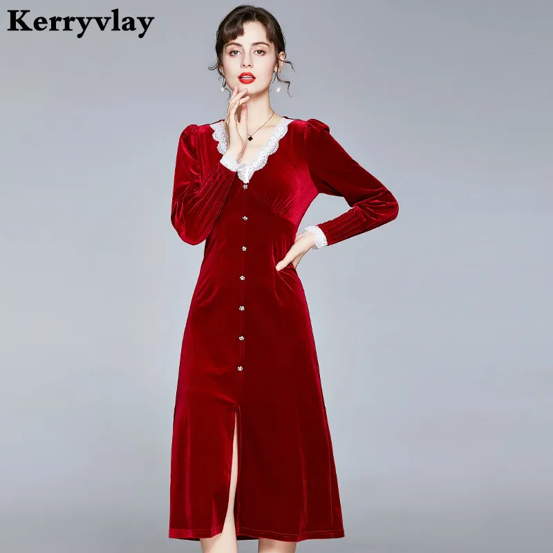 Winter Lace Stitching V-neck Red Gold Velvet Dress Women Long Sleeve Gothic Midi Christmas Party Robe Pull K8731 | Женская одежда
