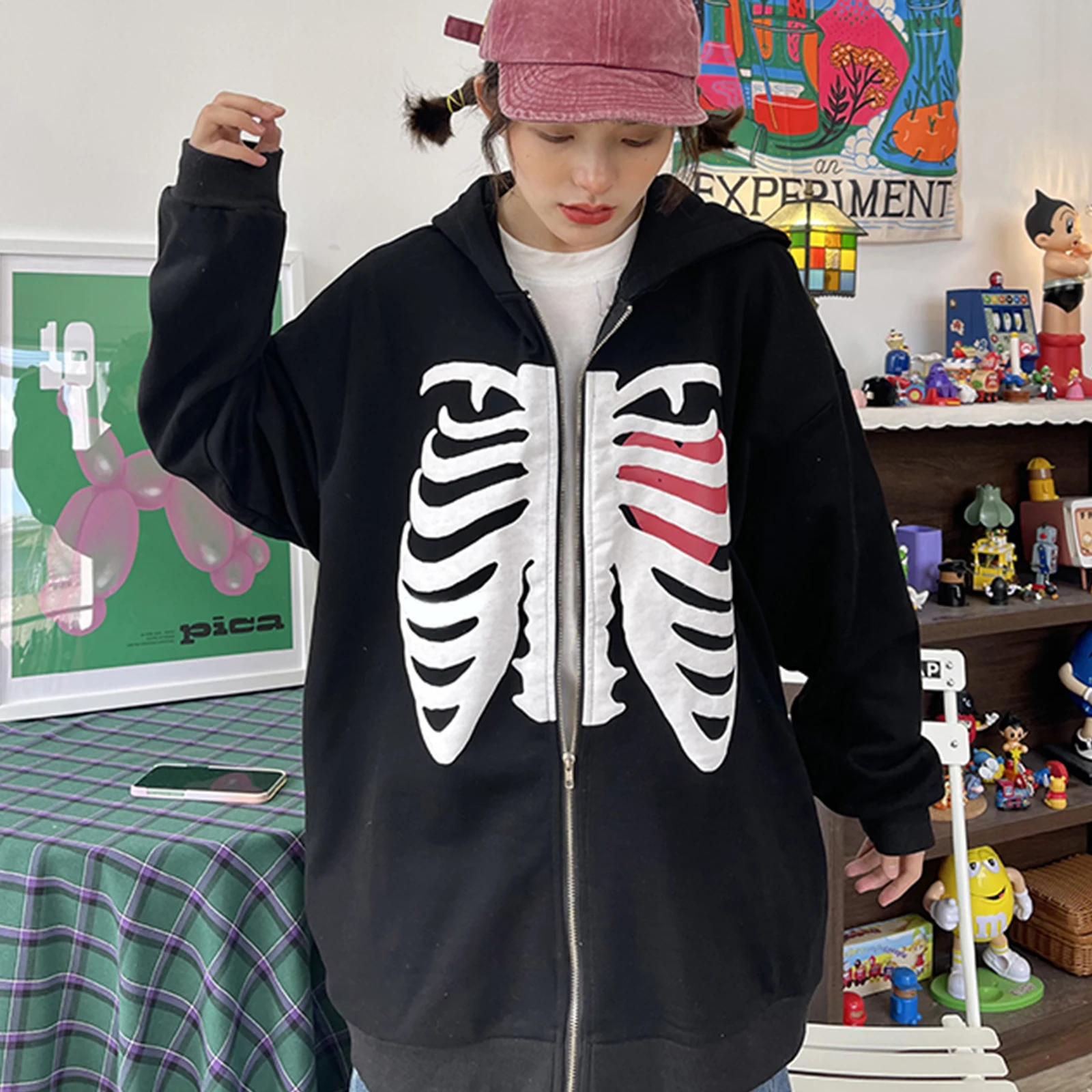 

Женский свитшот с капюшоном, готический свитшот с принтом сердца и скелета, на молнии, уличная одежда в стиле Харадзюку, Y2K, осень-весна