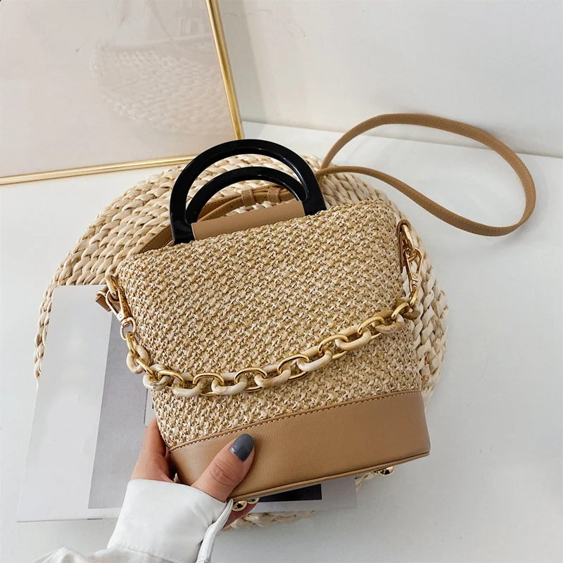 

Women's Woven Bag Tote New Style Straw Woven Beach Messenger Shoulder Bag Female Travel Shopping Handbag Clutchbag Khaki