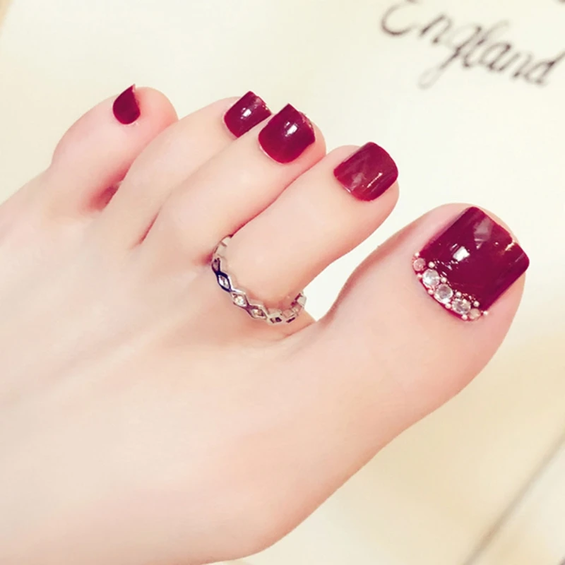 

24Pcs Red Rhinestone Art Tips Full Cover False Toe Fake Nails Manicure Tools