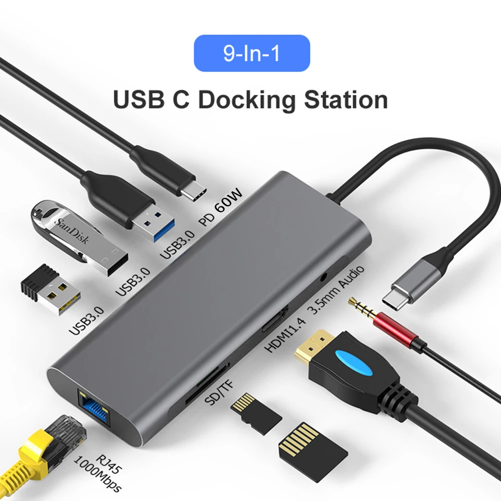 

Док-станция 9 в 1, USB C, SD, 3,5 мм, RJ45, 4K