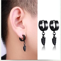 classic punk leaves pendant hoop earrings for men stainless steel earrings jewelry blacksteelgold color wholesale
