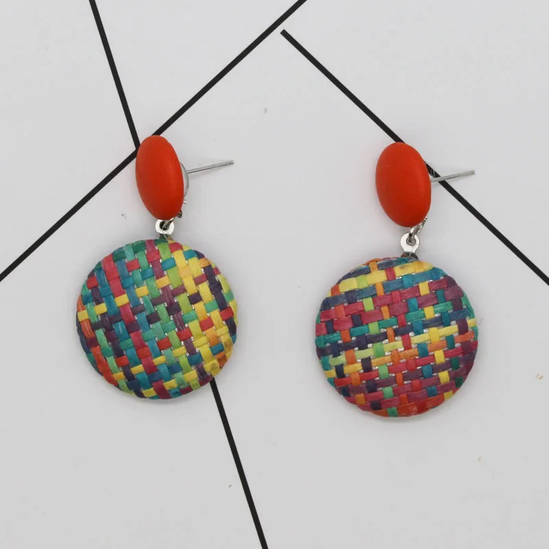 

New earrings bohemian style retro button earrings National style woven straw paper round earrings