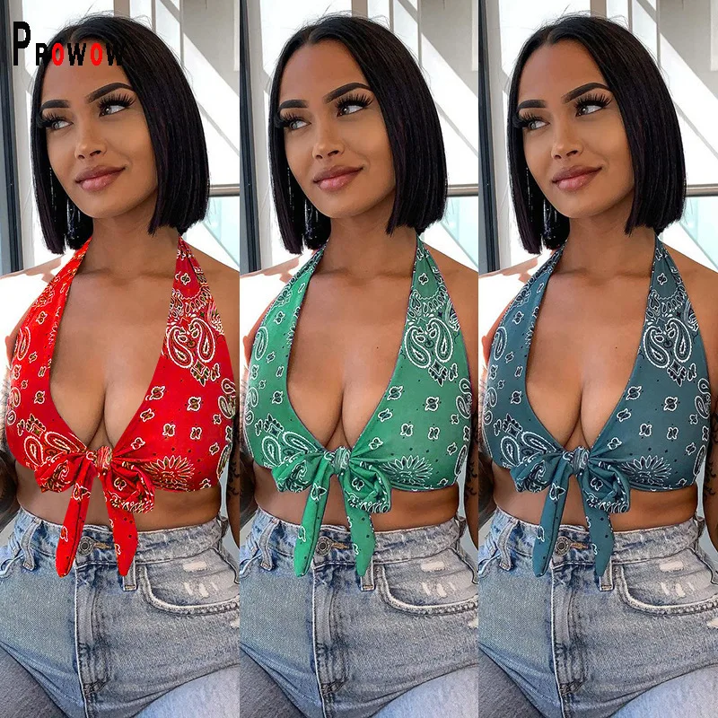 

Prowow Fashion Print Women Tops Bandage Sexy Short Style Corset Tops for Woman 2021 New Summer Halter Yk2 Female Streetwear
