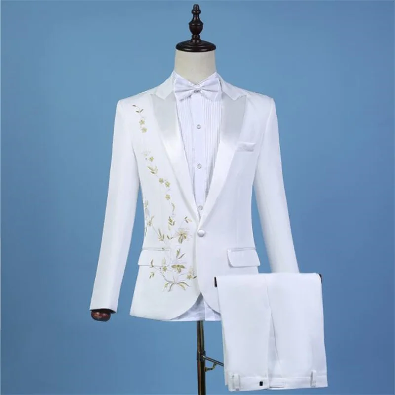 Blazer men groom suit set with pants ceremonies white embroidery mens wedding suits costume singer stage clothing formal dress