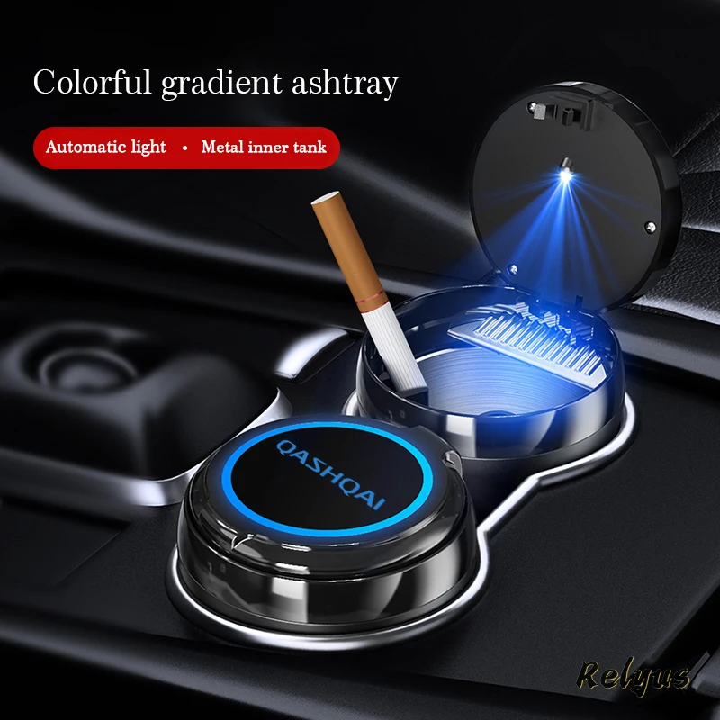 

Luminous Car Logo Blu-ray Led Ashtray With Colorful Atmosphere Light For Nissan Qashqai J10 J11 Auto Accessories