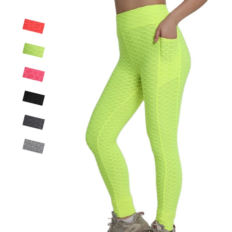 

Fitness Sports Leggings With Pocket Peach Buttock High Waist Sexy Tights Jacquard Bubblecandy Color Yoga Pants