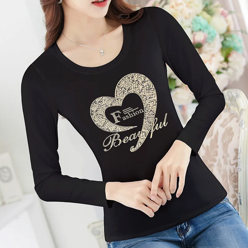 

2020 New Women Shirts Office Lady Full Letter O-Neck Tops Shirts Diamonds Cotton Plus Size Winter Black Casual Elehant Shirts