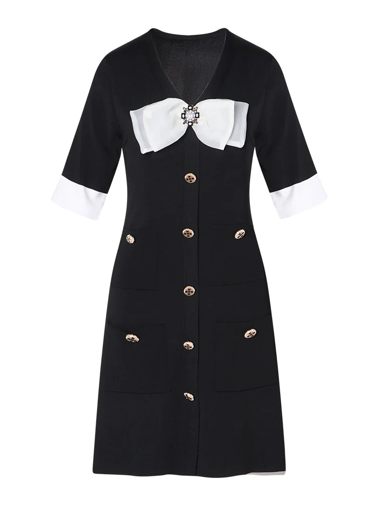 

Vintage Black Bow Knitted Dress Summer Women Elegant V-Neck Prom Club Short Sleeve Dress Ladies Waist Slimming A-Line Dresses