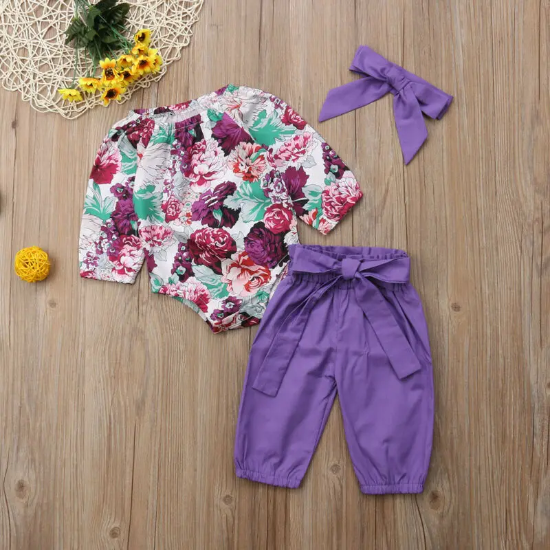 

Newborn Baby Girl 3PCS Clothes Floral Romper Tops Long Pants Headband Outfit Set