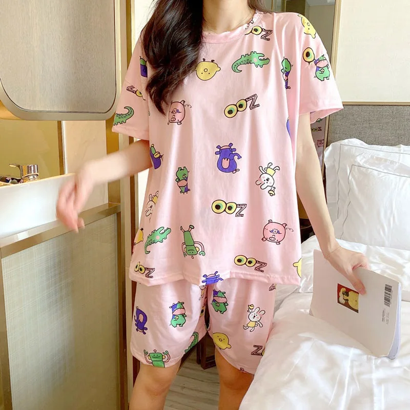 Летние женские пижамные комплекты с коротким рукавом Женская милая свободная