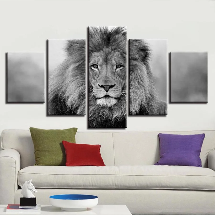 

Canvas Pictures Modular Wall Art Framework 5 Pieces Animal Lion Painting Living Room HD Prints Black And White Poster Home Decor