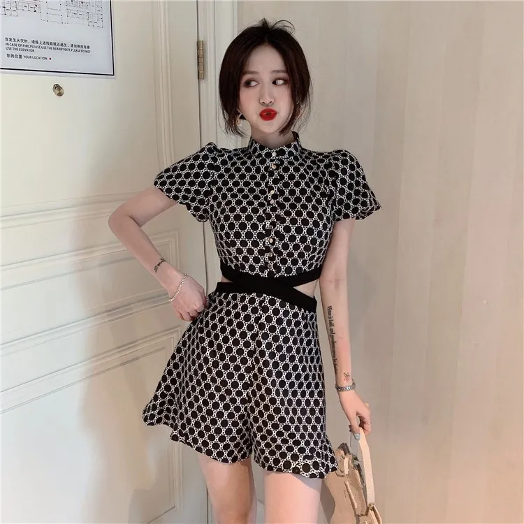 Лидер продаж женский комбинезон с коротким рукавом принтом в клетку широкими