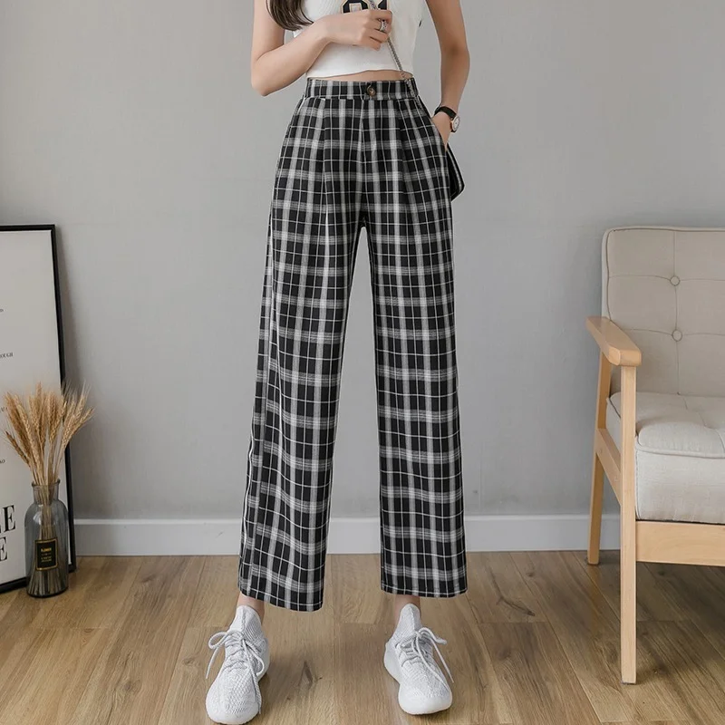 

Vintage Plaid Pants Women High Waist Plus Size Wide Leg Casual Female Trousers 2021 Fashion Joggers Clothes Streetwear