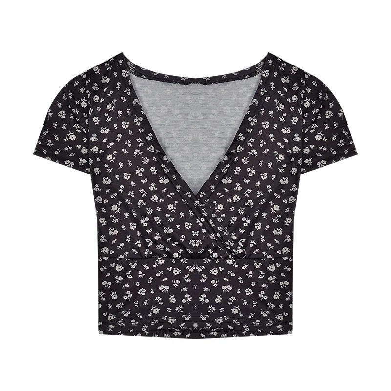 

V-neck Floral Short-Sleeved T-shirt Women's Bottoming Shirt Women's Short Cropping Y2k Women's Casual Tops T-shirt Blouses