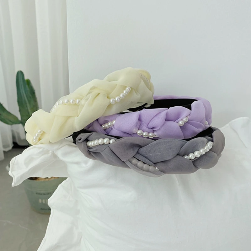 

Pearl Braided Headband Retro French Twist Braid Wide Side Washing Headband Korean Mesh Headband Polychromatic Hair Accessories