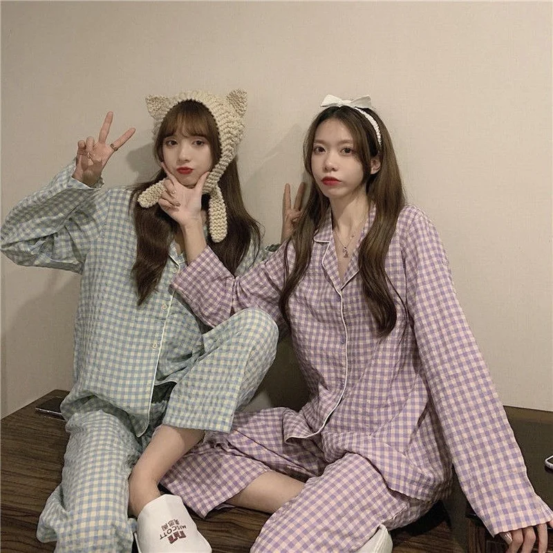 

QWEEK Plaid Trouser Suits Women's Pajamas 2 Piece Set Pyjama Pour Femme Summer Autumn Pijamas Feminino Korean Room Wear