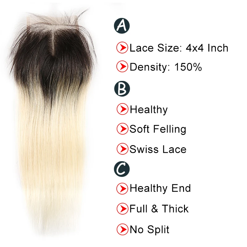 Медовый блонд бразильские прямые Кружева Закрытие 4*4 Омбре свободная/средняя