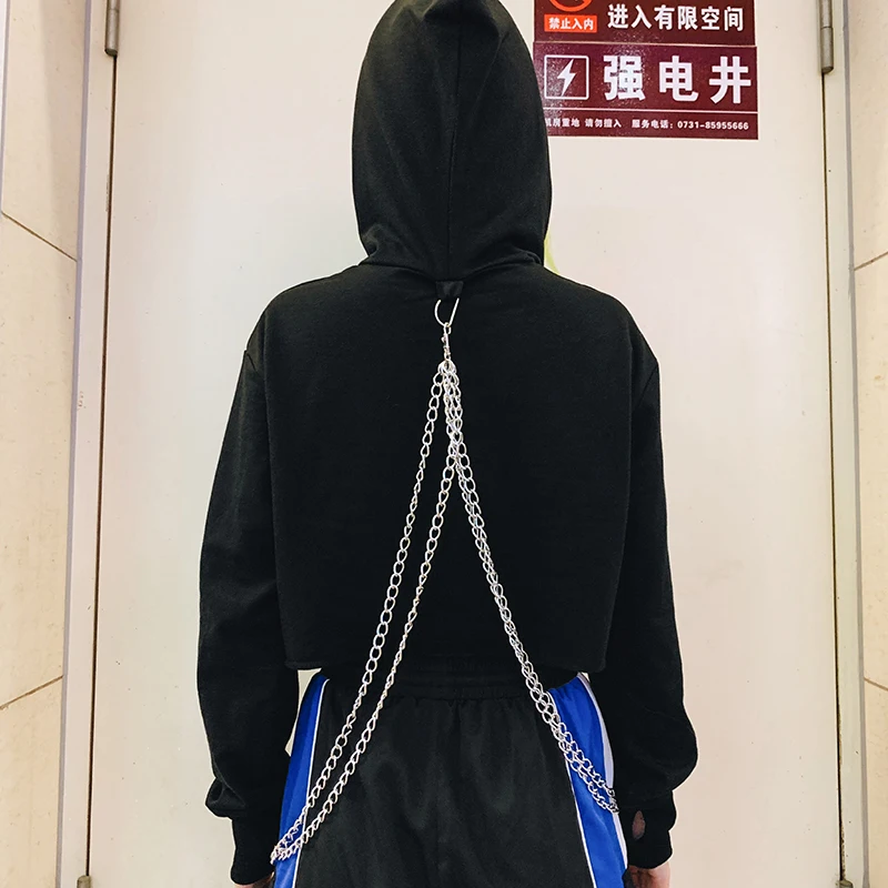 IAMHOTTY, готический укороченный топ с буквенным принтом, толстовка с длинным рукавом, с капюшоном, с цепочкой Bts, Черная Женская толстовка, новая мода, свободная толстовка для девушек