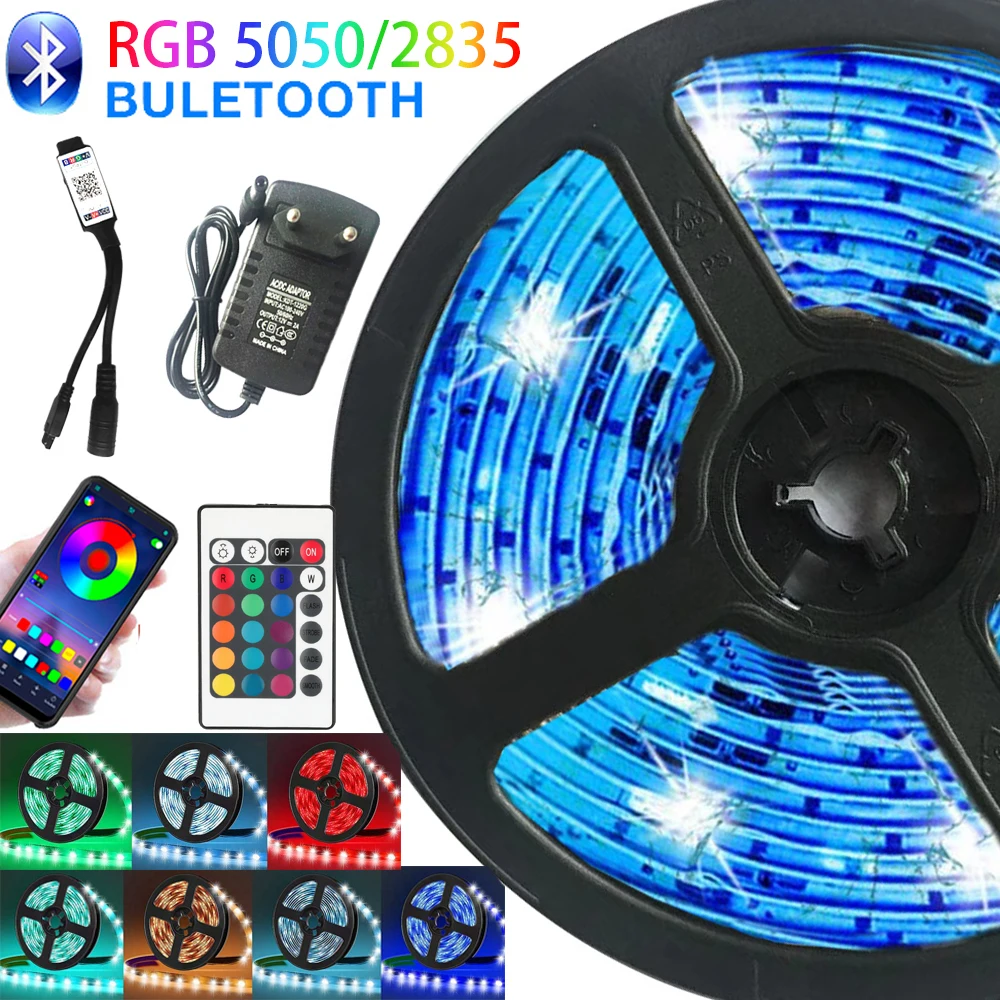 

5, 10 м, 15 м, 20 м Светодиодные ленты RGB 5050 2835 AC/DC 12V Гибкая ленточная Светодиодные ленты светильник Luces с телефон Bluetooth APP для Рождества
