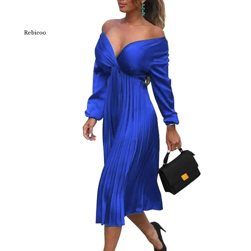 

Long Dress Women Elegant Off Shoulder V Neck Satin Pleated Midi Dress Spring Summer Simple Fake Silk Dress Vestidos