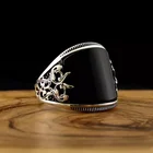 Мужское кольцо с гравировкой, серебристое кольцо из сплава с черным кристаллом и цветочным узором, аксессуары для вечерние Ринок, размер 6-13, 2022