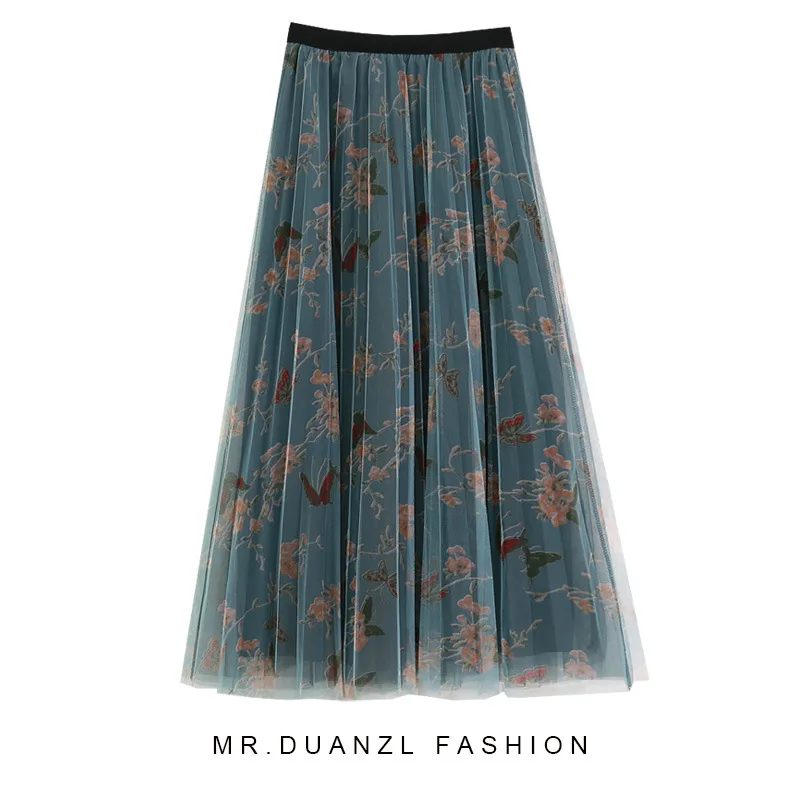 

2021 Mesh Skirt Butterfly Print Pleated Skirt Flower Skirt High Waist Large Skirt A-line Skirt