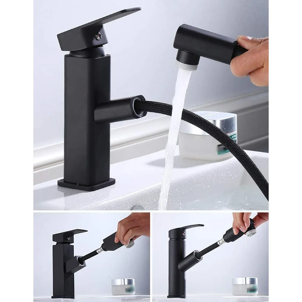 

Black Matte Pull Out Kitchen Mixer Tap Sink Sprayer Single Lever Ceramic Valve Coil Seated Basin Faucet Bathroom Accessories