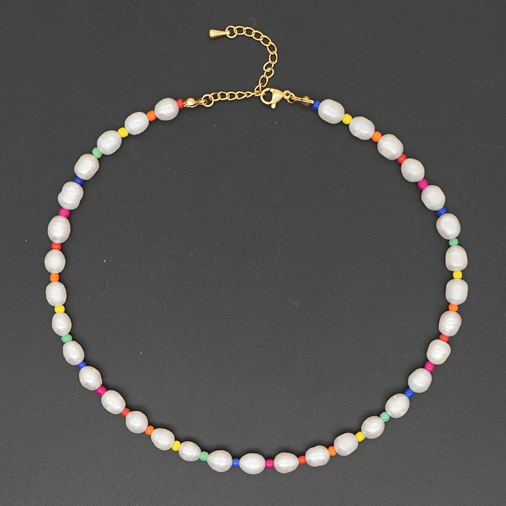 

HOT 8-9mm Elegant Natural Freshwater Baroque Pearl Choker Necklace Fashion Colorful Beads Girl Gift with Gold-plated Buckle