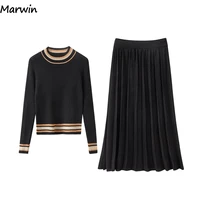 marwin new coming autumn spring warm soft high street style womens sets casual mid calf skirts elastic waist silm sweaters sets