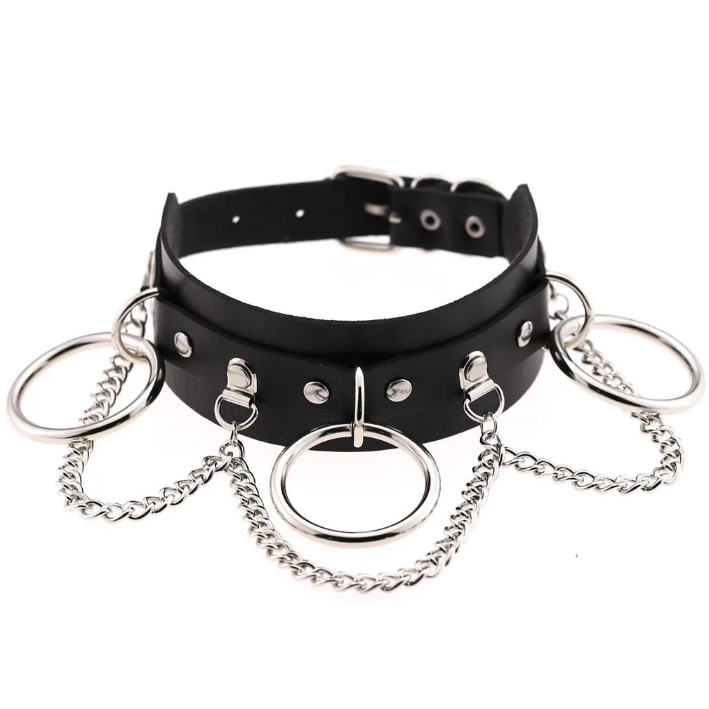 

Black Leather Choker Metal Chain Necklace Collar Handmade Goth Punk Jewelry
