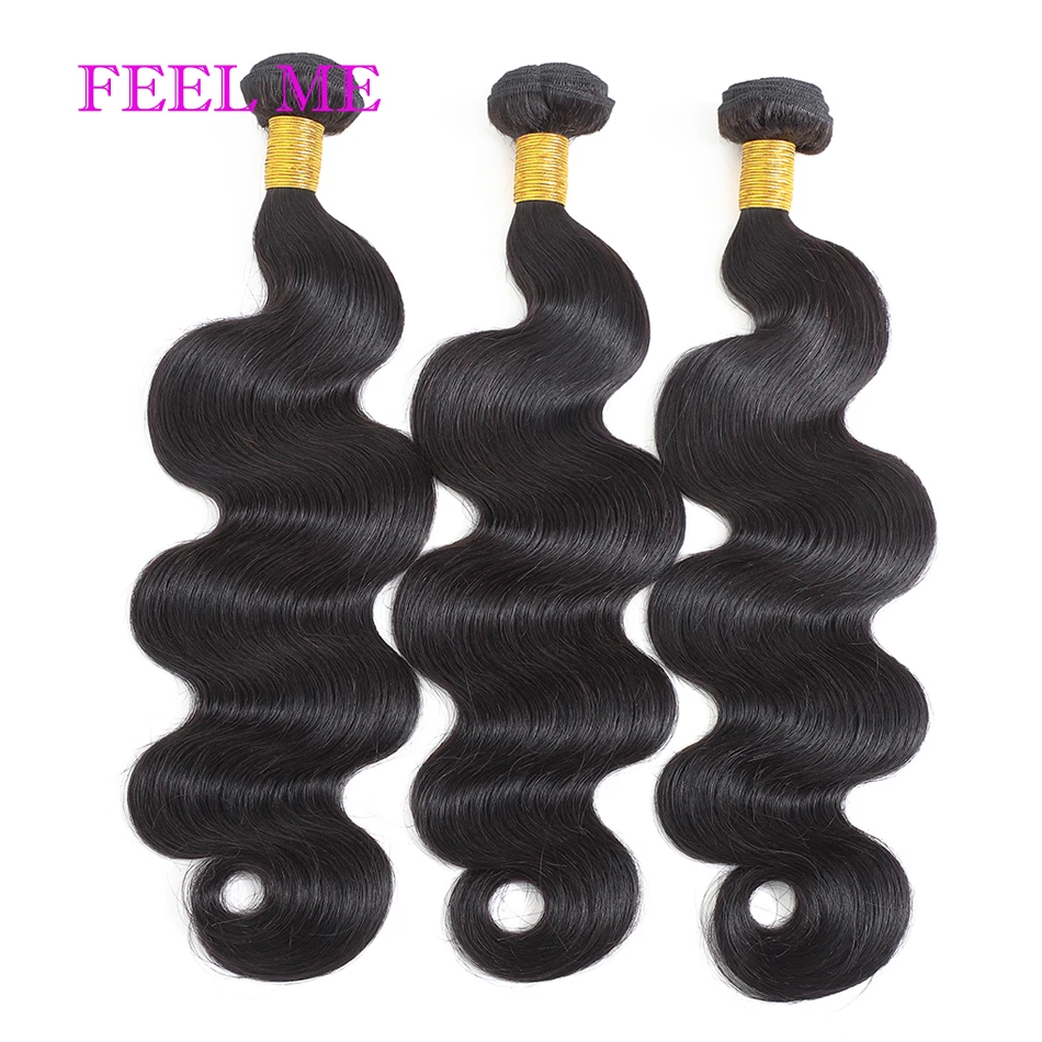 FEELME Body Wave Indian Hair Weave Bundles 100% Human 3/4pcs Extensions Color #1 Dark Black | Шиньоны и парики