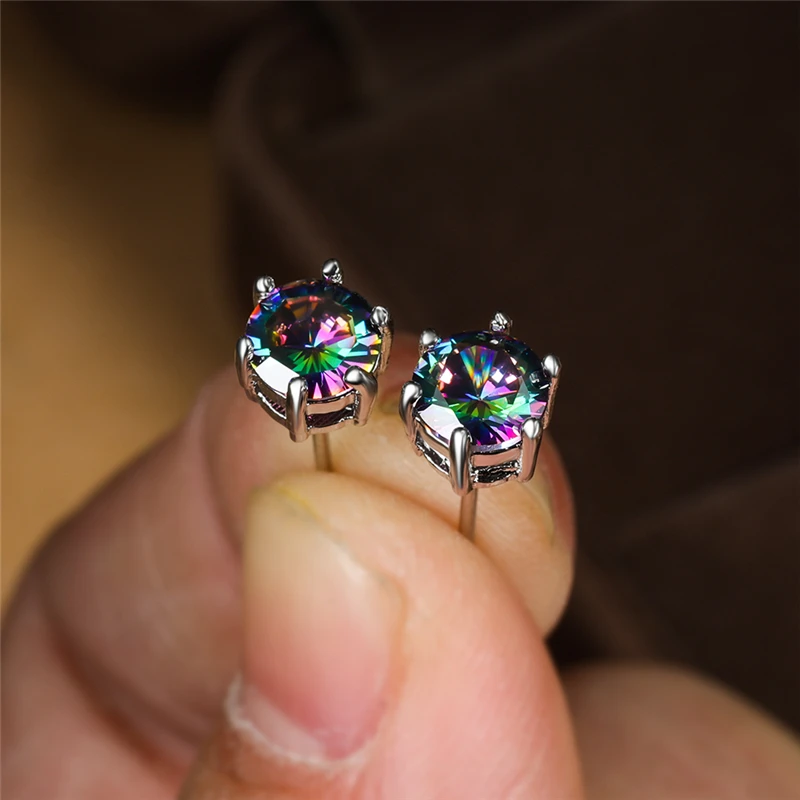

Luxury Female Rainbow Crystal Stud Earrings Black Gold Silver Color Wedding Earrings For Women Charm Bride Round Zircon Earrings