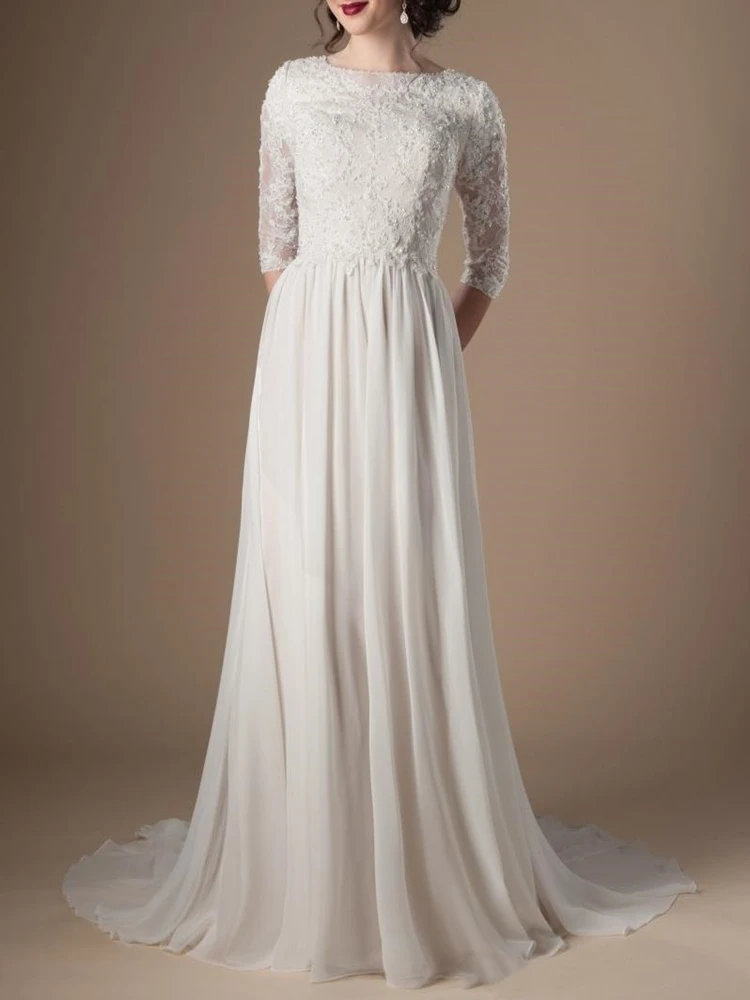 

Ivory Champagne Modest Wedding Dresses 2020 With 3/4 Sleeves Beaded Lace A-line Chiffon Boho Informal Bridal Gown