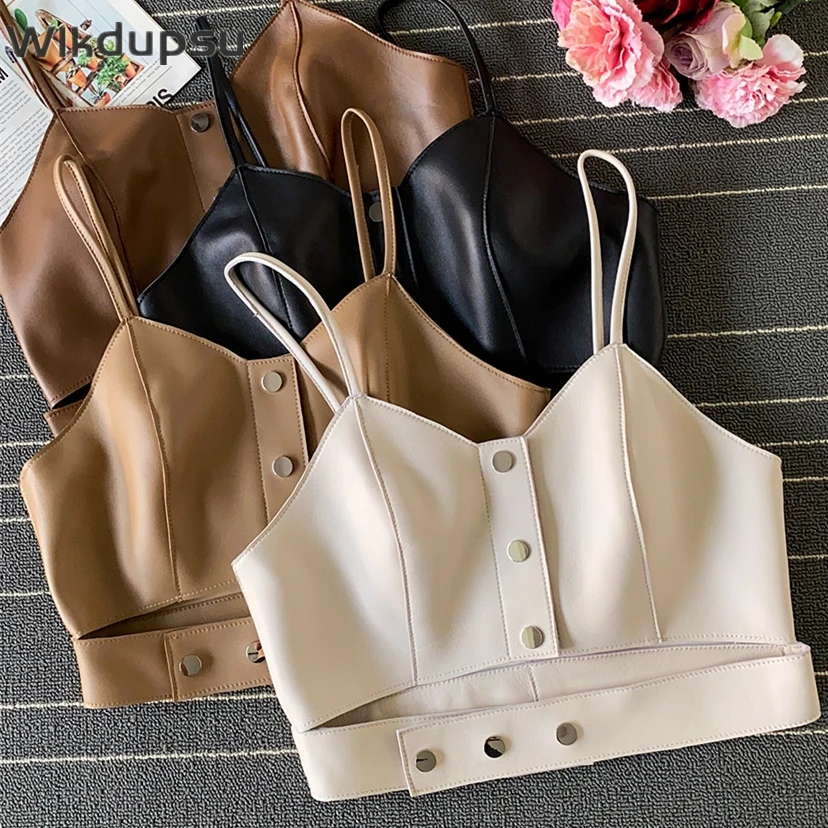 Summer Women Genuine Leather Real Sheepskin Tank Top Fashion Ladies Sleeveless StraplessCrop Top Camisole Female Sexy Clothing