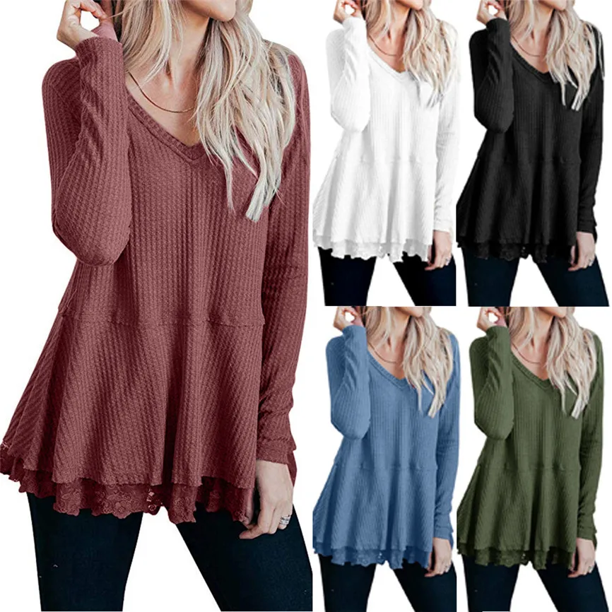 Slim Sweater Female Tops Womens Casual Long Sleeve Knot Waffle Knit Tunic Lace Blouse Cute Shirts Fashion Knitted Soft |
