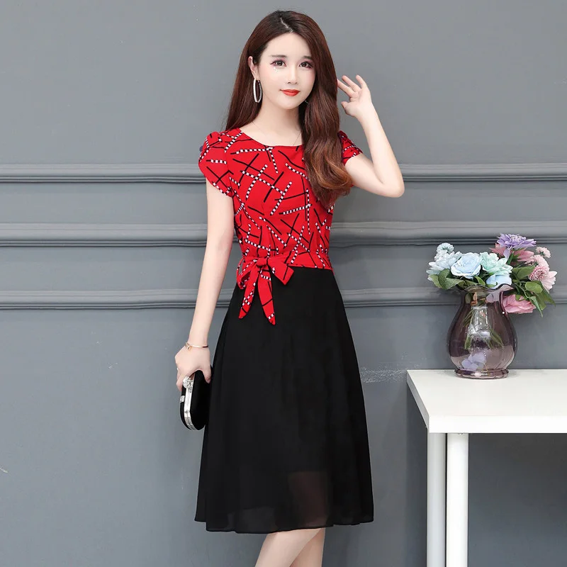 

Korean Women Print A-line Short Dress Short-Sleeved Casual Sundress Plus Size