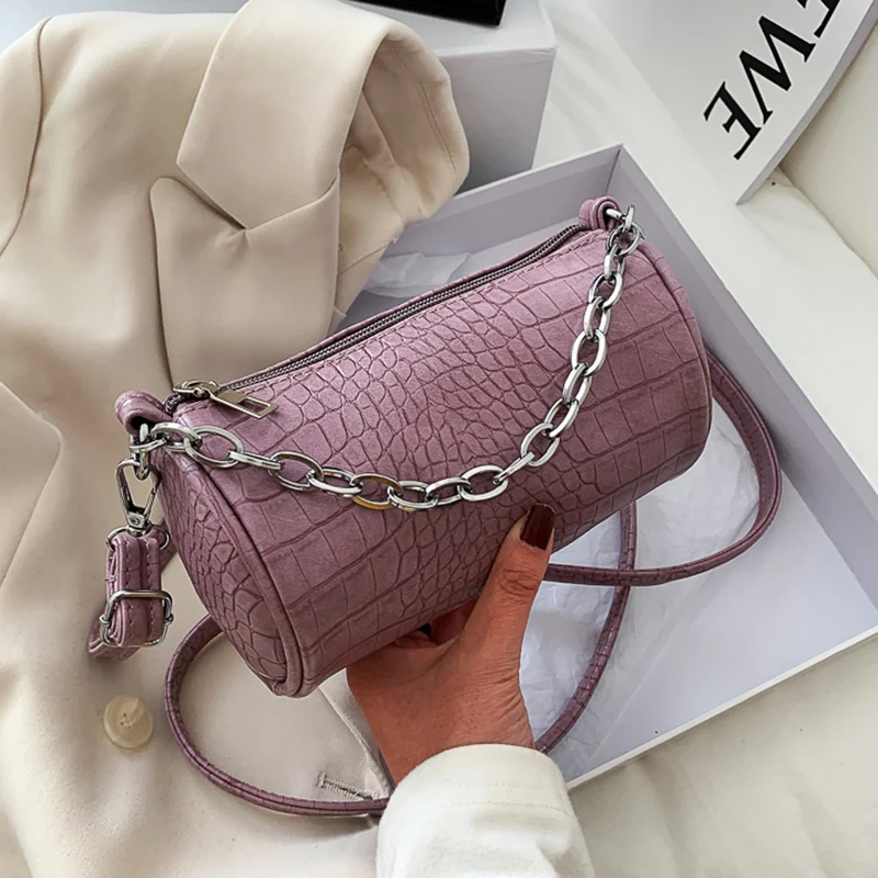 

Crocodile Pattern Bucket Bag PU Leather MINI Crossbody Bags For Women 2021 Chain Solid Color Travel Fashion Shoulder Handbags