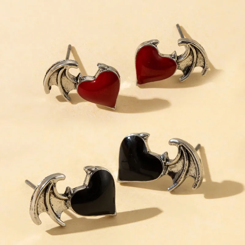 

Vintage Black Red Devil Heart Wings Stud Earrings for Women Angel Bat Devil Wing Earring Punk Gothic Party Jewelry Gift